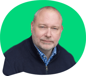 Headshot of Stephen Read, male, wearing a blue jumper. On a light green bubble graphic background.